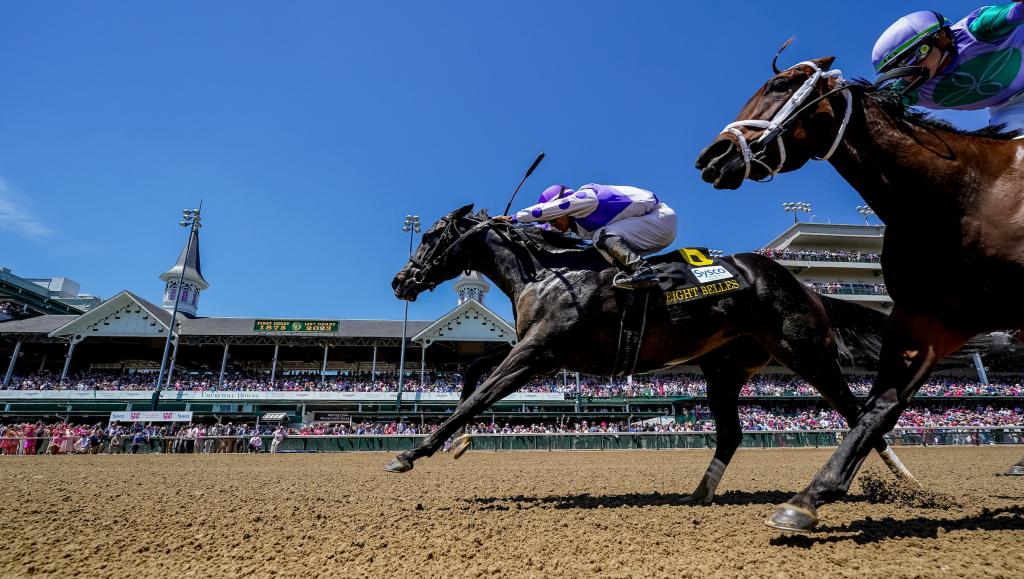 Red Carpet Ready, No. 6 in purple and white, won the $500,000 Eight Belles Stakes presented by Sysco for 3-year-old fillies on the Longines Kentucky Oaks undercard.