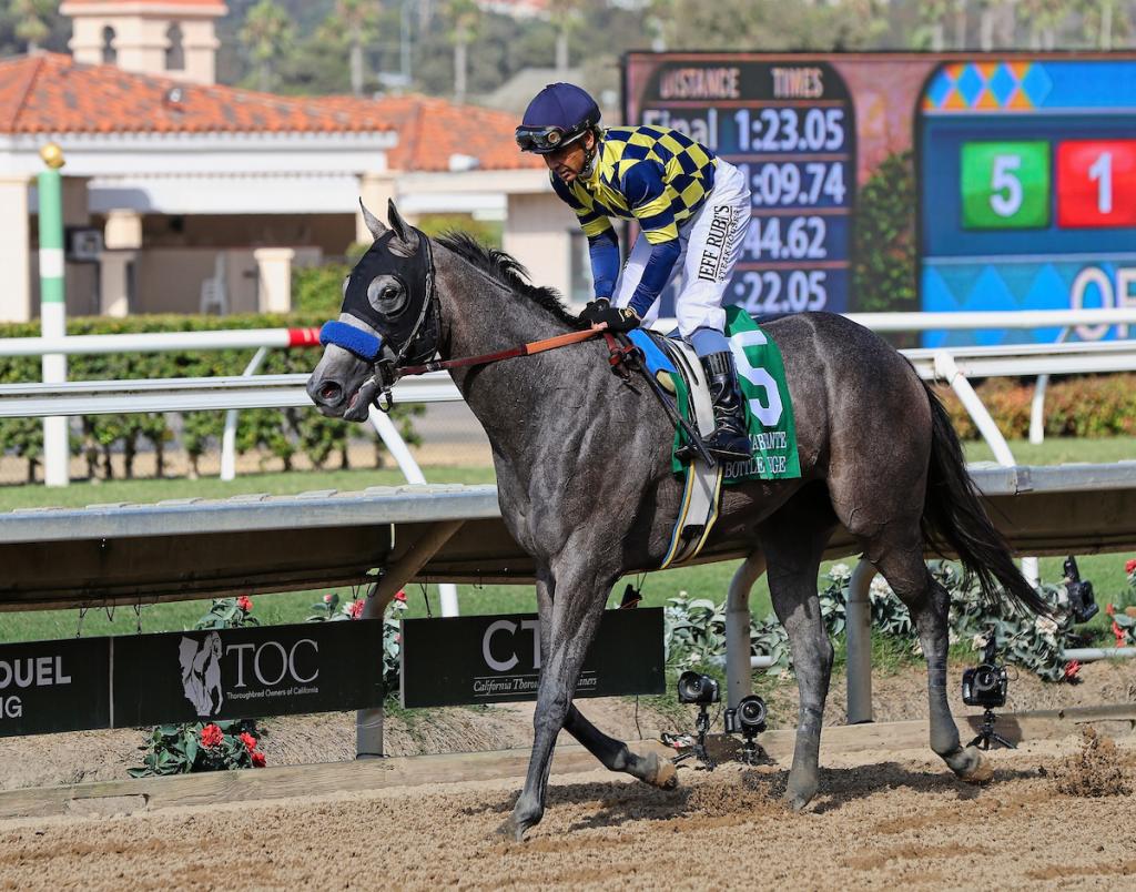 Smith after winning 2025 Del Mar Debutante with Bottle of Rouge. (Eclipse Sportswire)