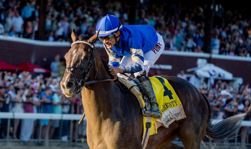 Kentucky Derby, Belmont Stakes, and Travers Stakes winner Sovereignty (Eclipse Sportswire)
