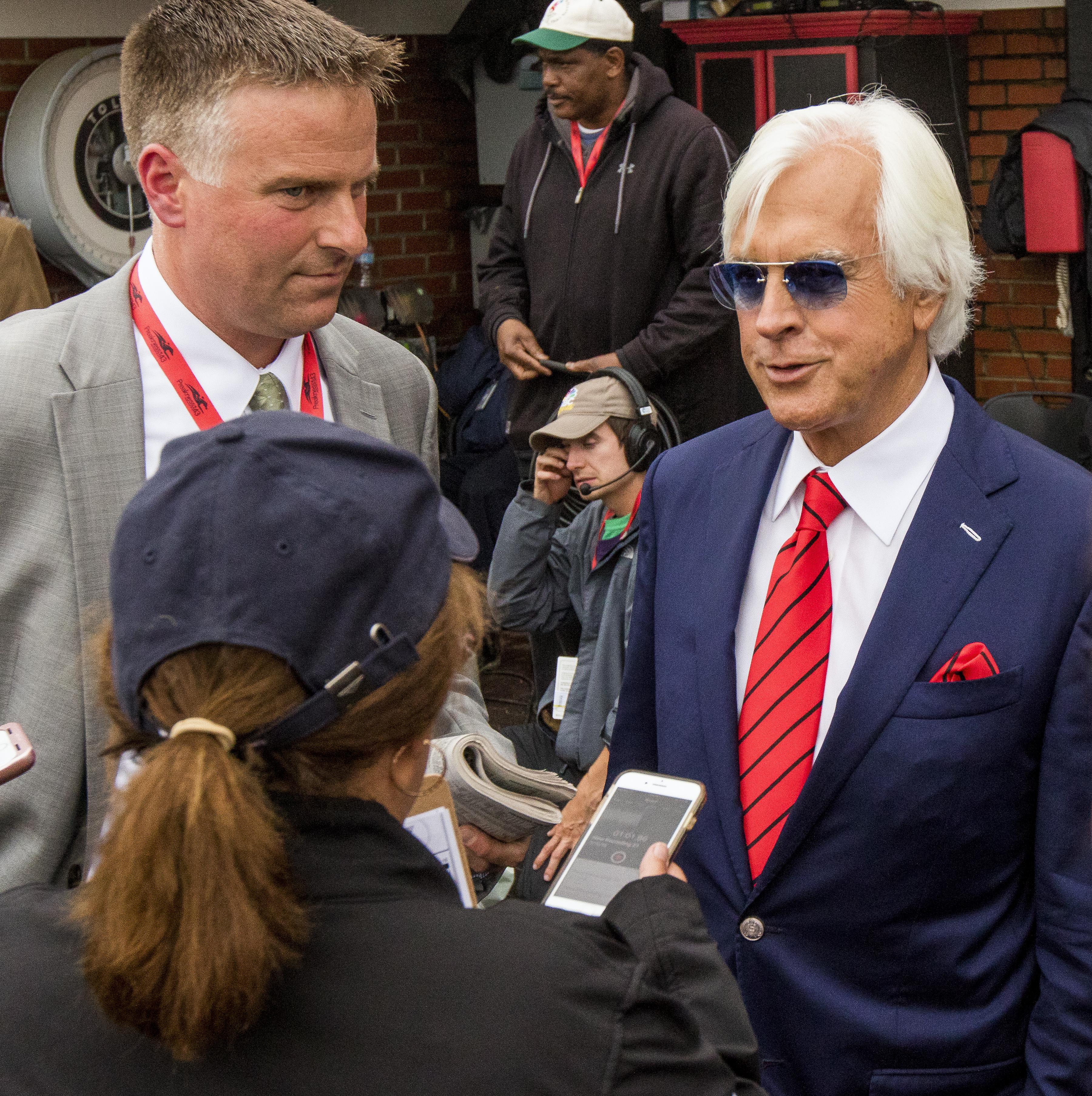 Bob Baffert speaks to media before the Preakness.