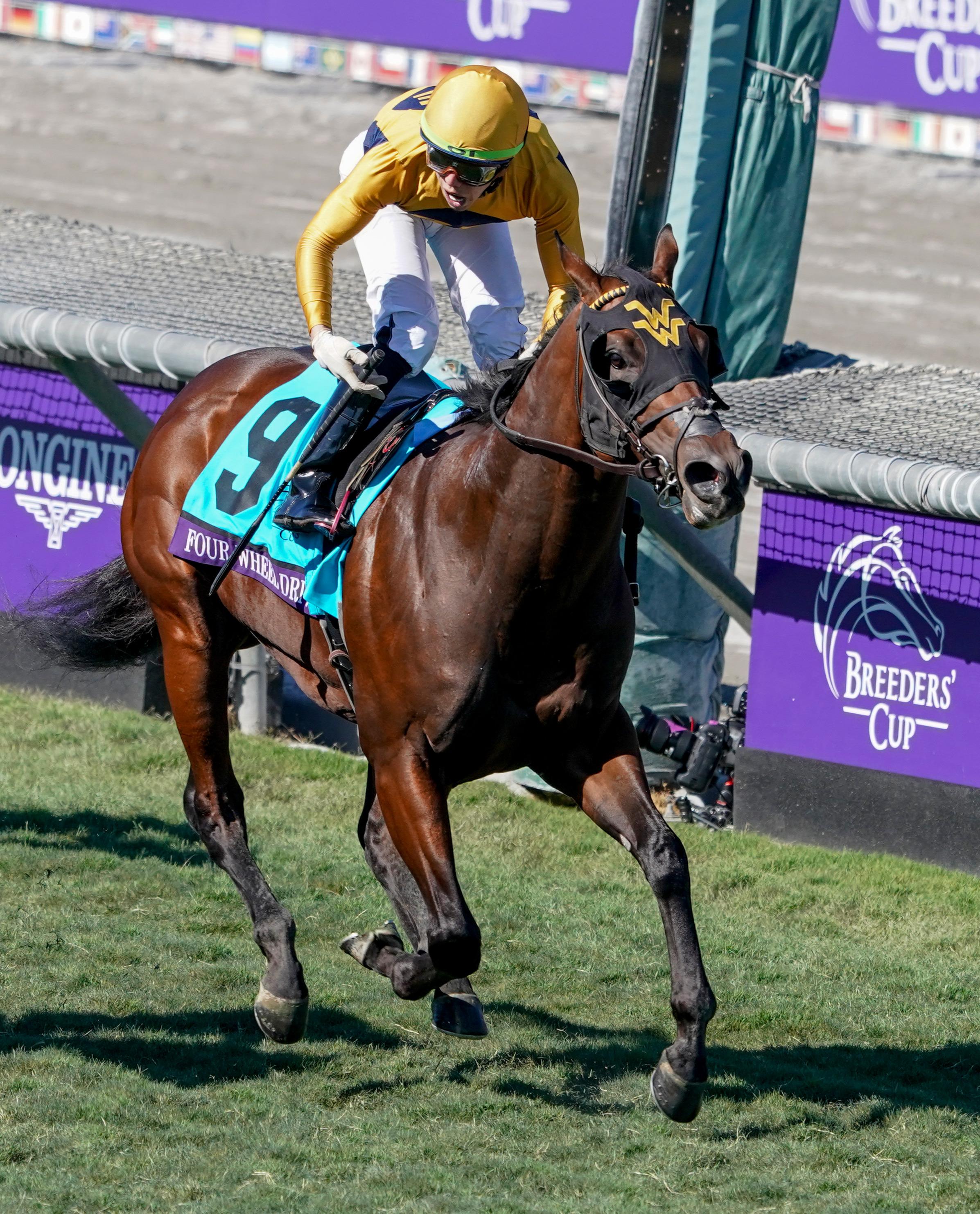 Four Wheel Drive wins the Juvenile Turf Sprint.