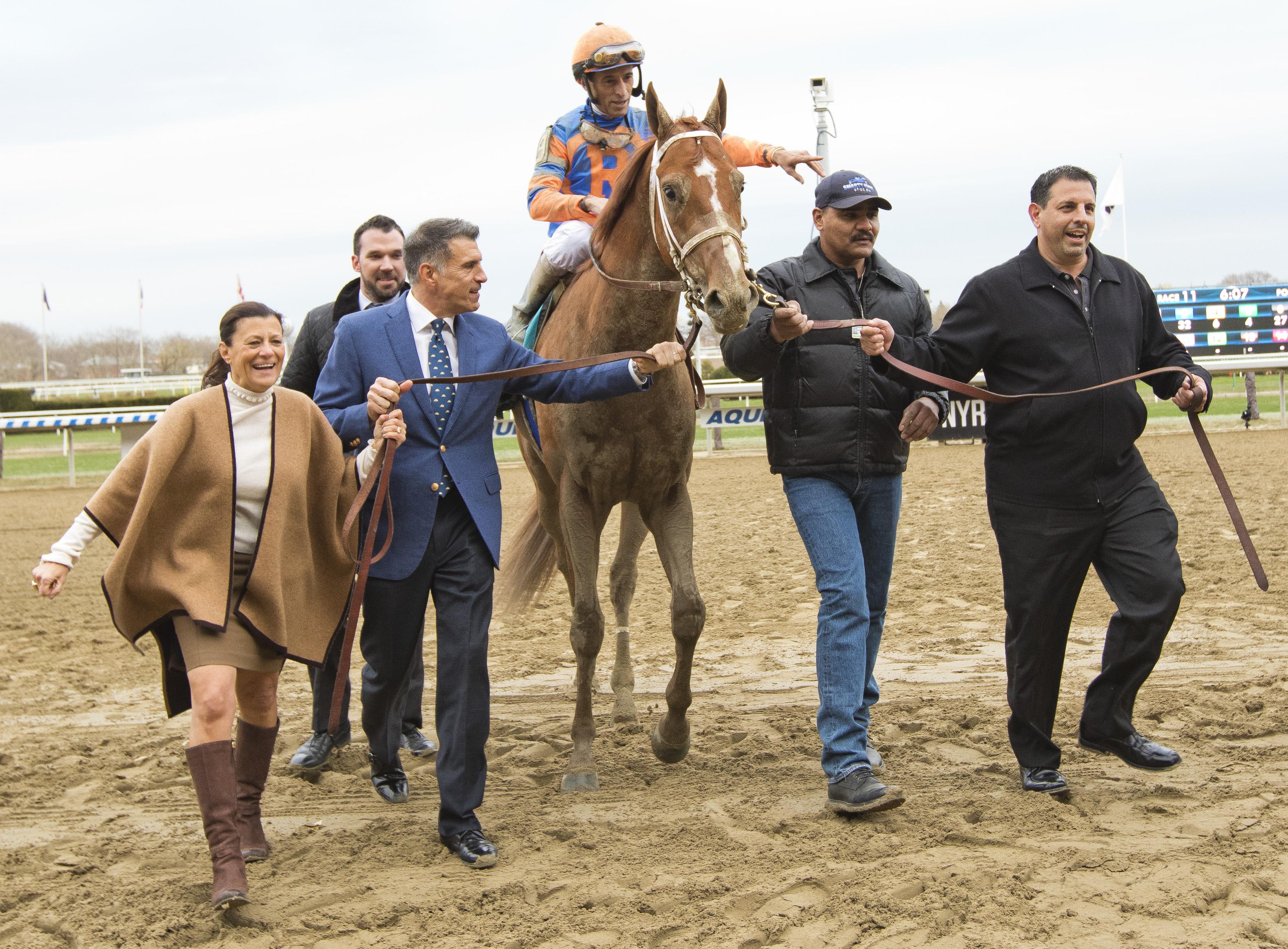 Viola and Repole lead Vino Rosso into the Aqueduct winner's circle. (Eclipse Sportswire) Viola and Repole lead Vino Rosso into the Aqueduct winner's circle.