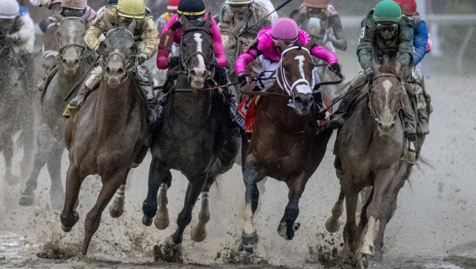 The Kentucky Derby disqualification of Maximum Security (second from right) is a finalist for NTRA Moment of the Year.