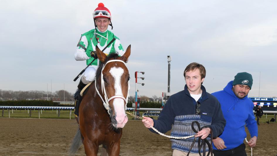 Alex Zacney, pictured leading Maximus Mischief into the Aqueduct winner's circle, picked the Derby hopeful out at auction.