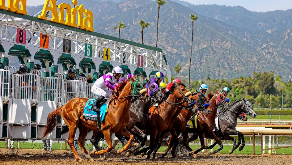 Horses spring from the starting gate in the 2023 Santa Anita Derby, with the San Gabriel Mountains as a picturesque backdrop.