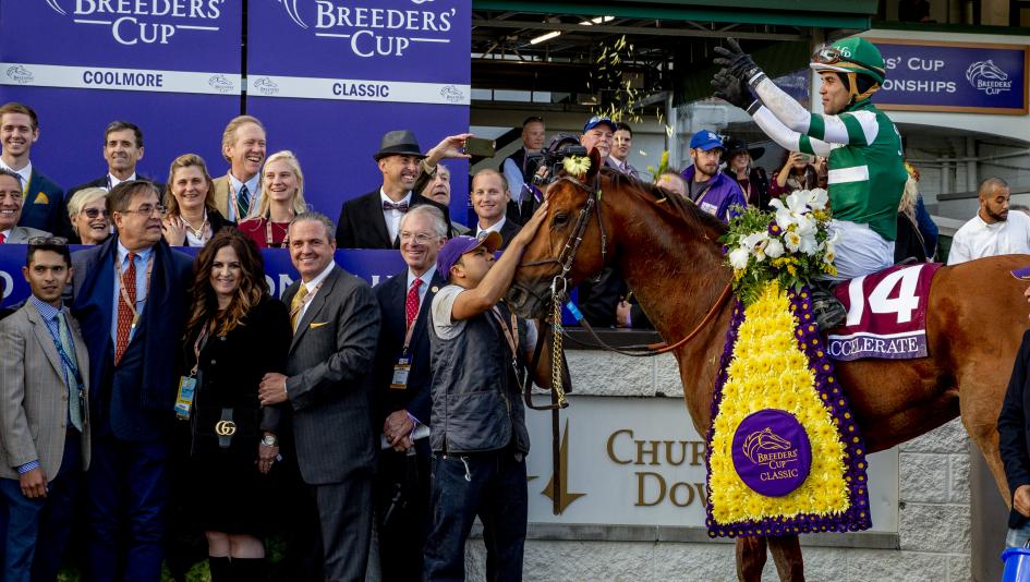 After many years of trying, trainer John Sadler (front row, second from left) won his first Breeders' Cup race with Accelerate.