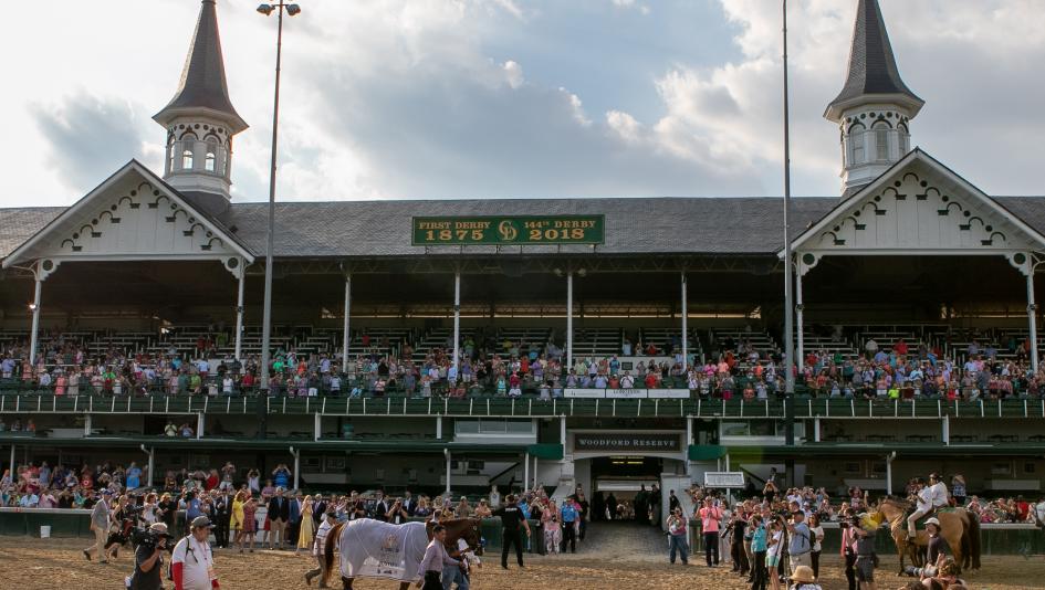 The twin spires on Stephen Foster day 2018 which featured an appearance by newly minted Triple Crown winner Justify.