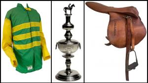 Silver Charm 1997 Kentucky Derby silks, Northern Dancer 1964 Preakness trophy, Secretariat exercise saddle, Racing Memorabilia Auction, horse racing, America's Best Racing, ABR